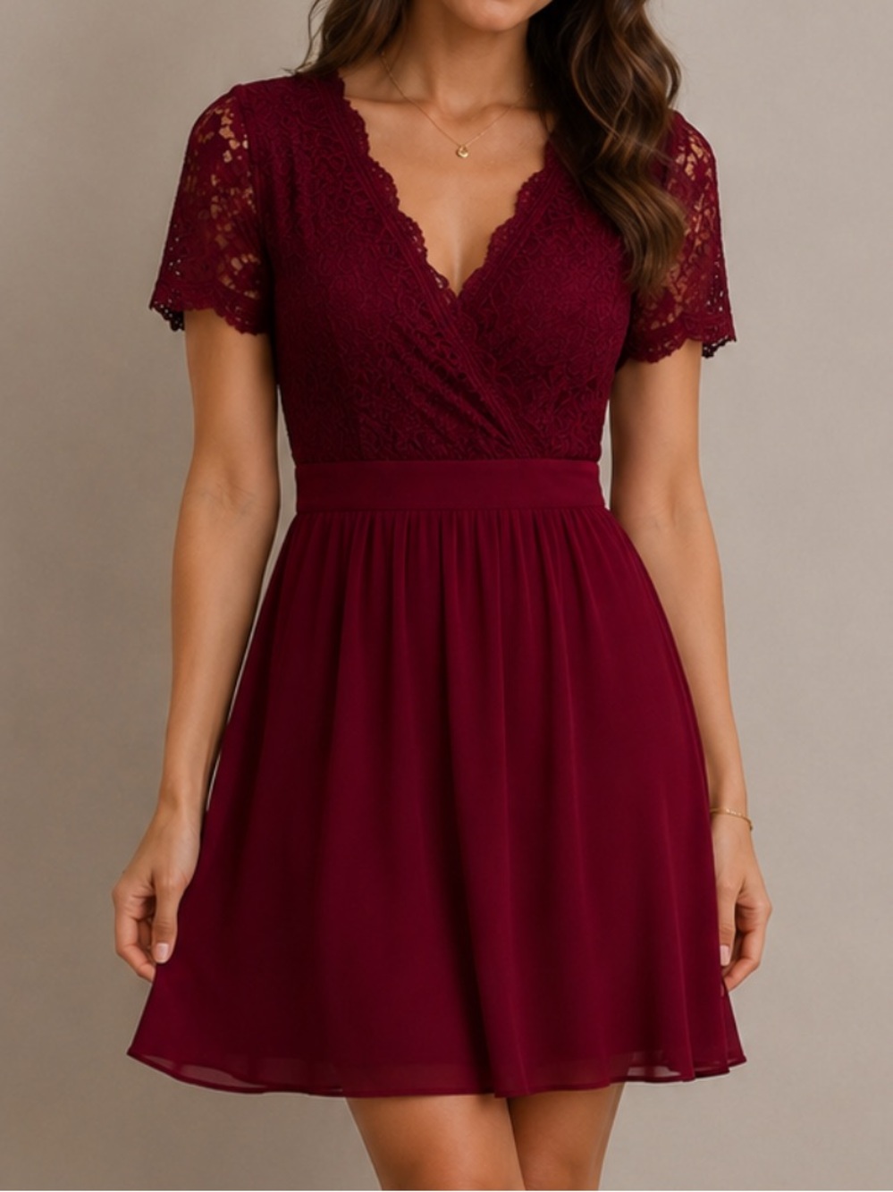 Burgundy Lace V-Neck Mini Wedding Guest and Spring Dress